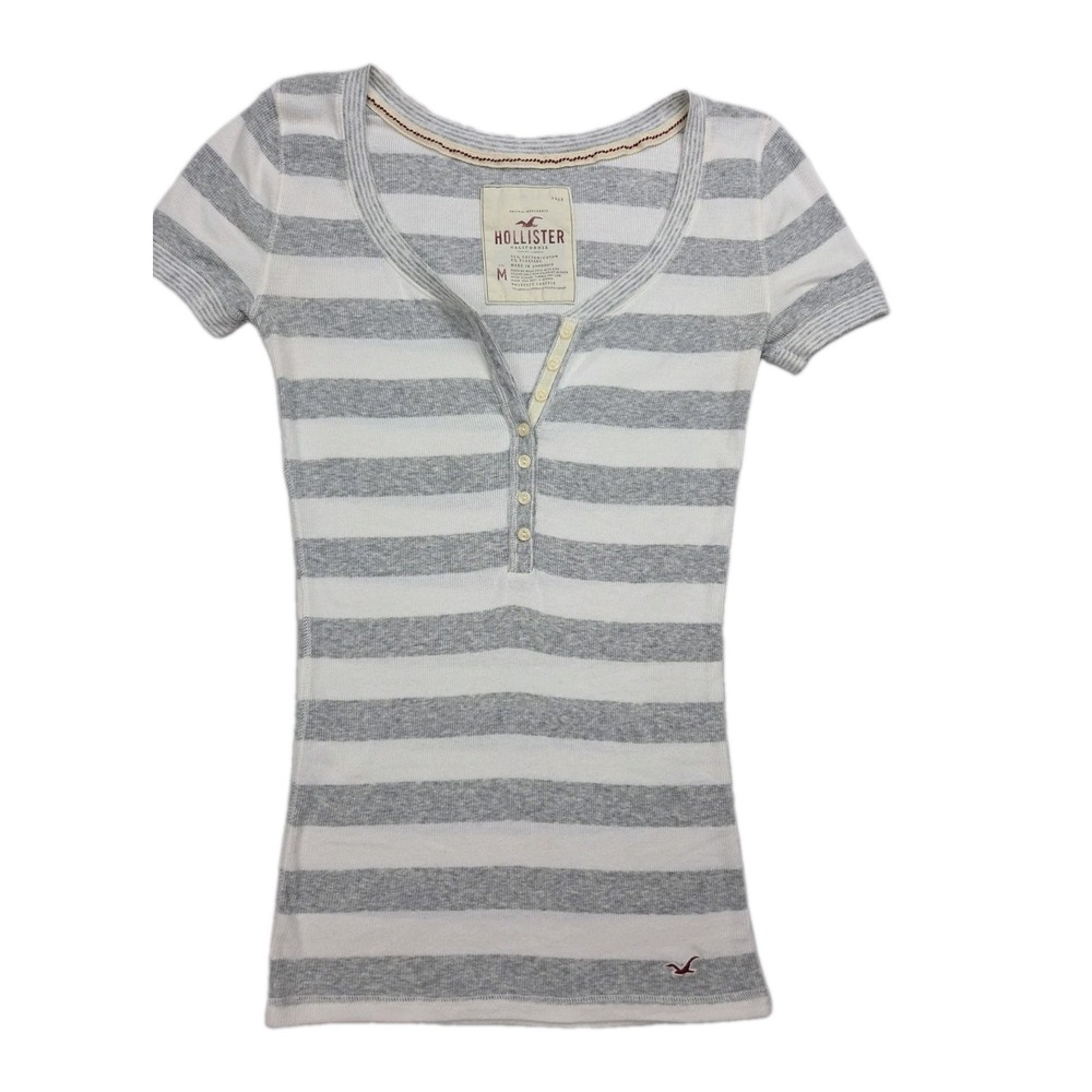 Vintage Hollister Henley Top Sz M Babydoll Bella Swan Gray Striped Y2K Coquette - Picture 1 of 6